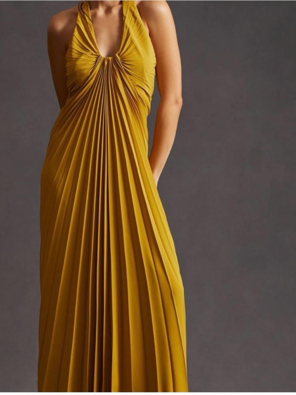 Anthropologie Mustard Halter Pleated Maxi Dress